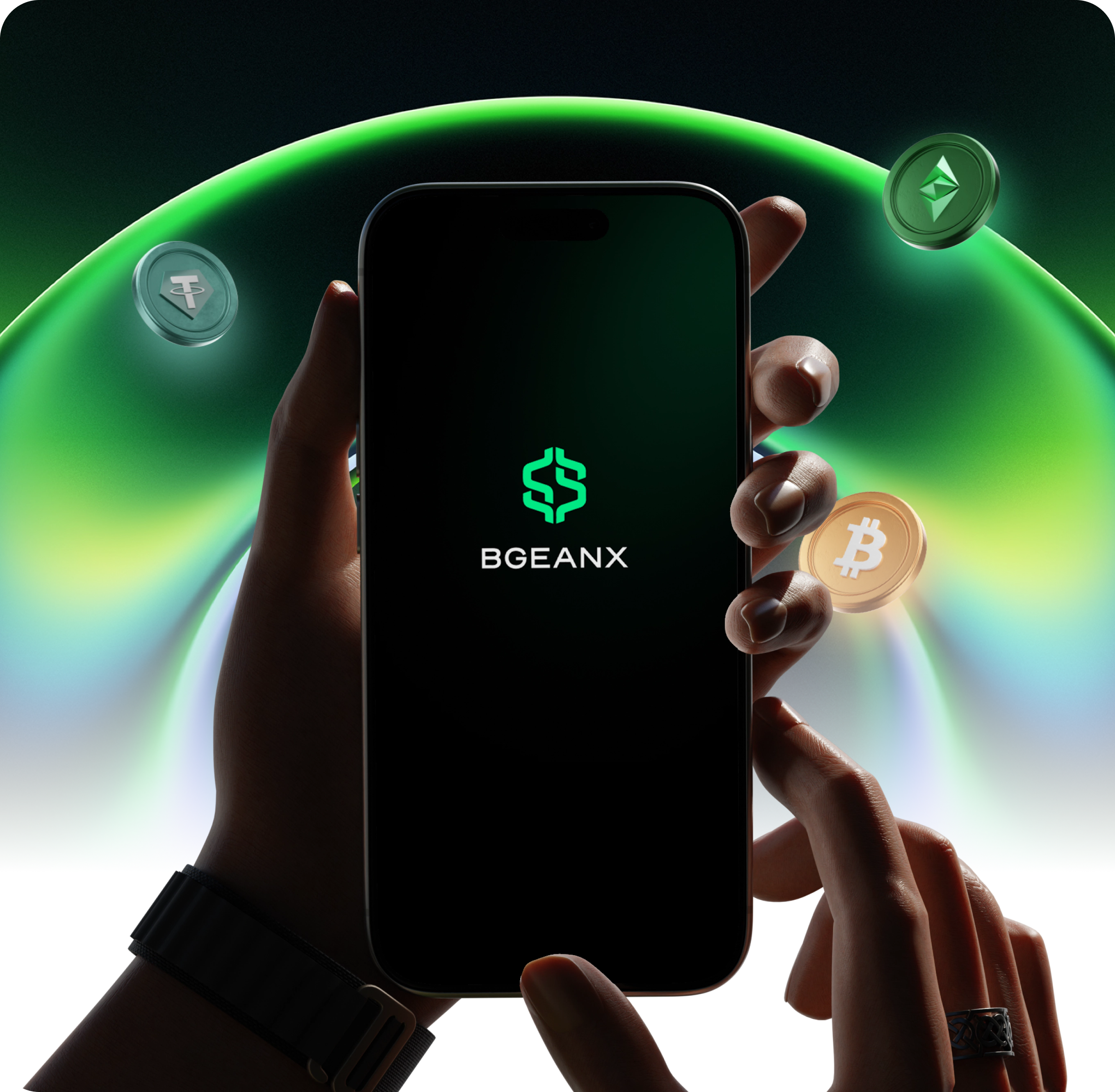 Mano sosteniendo un teléfono con la app de trading BGEANX