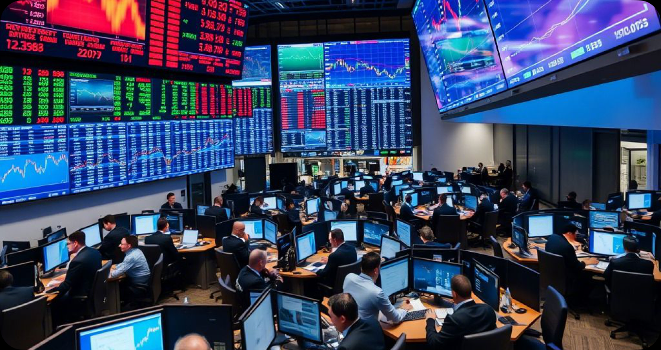Sala de trading con múltiples pantallas de mercado
