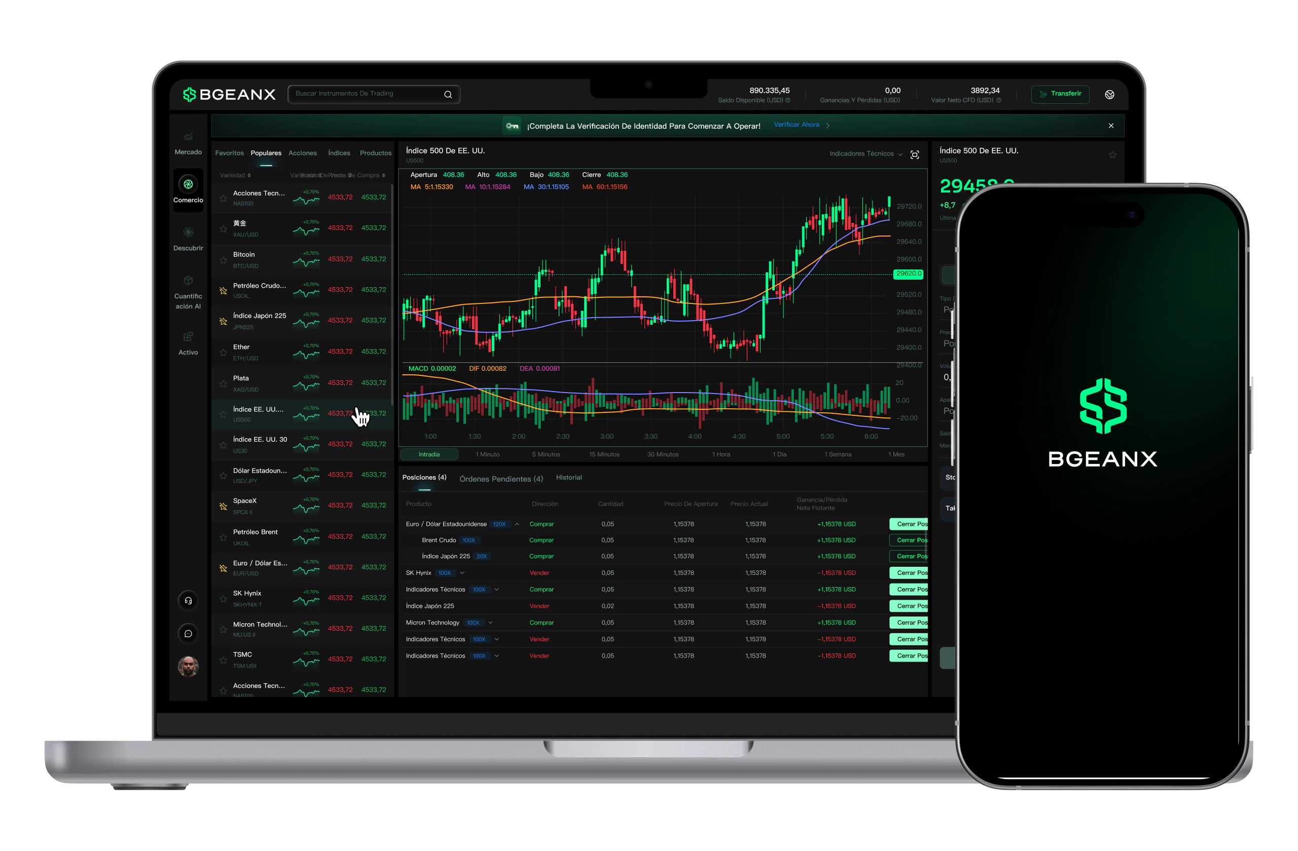 Vista previa de la interfaz de trading en web y móvil
